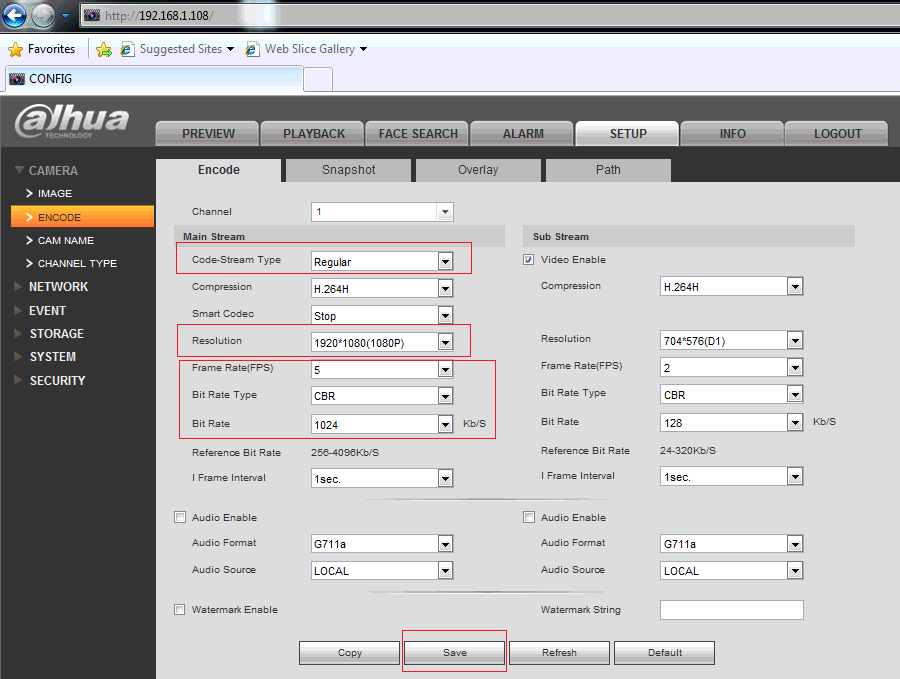 Config Dahua DVR video or image snapshot parameters