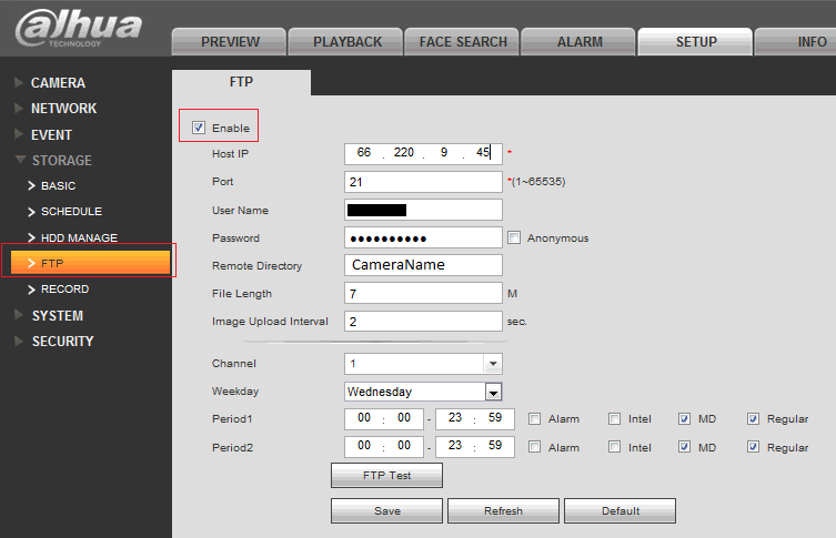 Configure Dahua DVR FTP recording settings