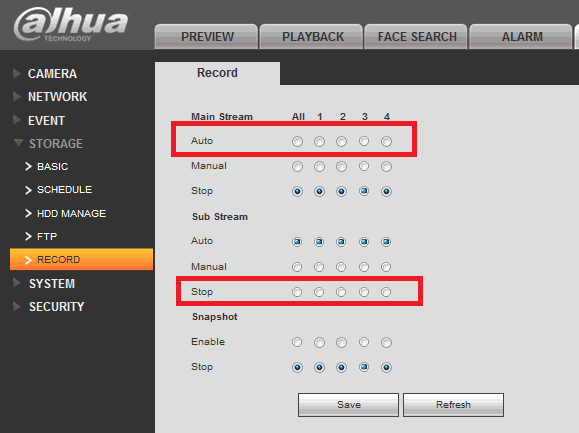 Configure Dahua DVR to record video / image continuously