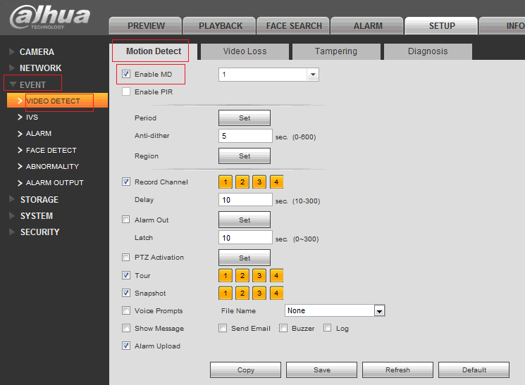 Configure Dahua DVR for video motion detection