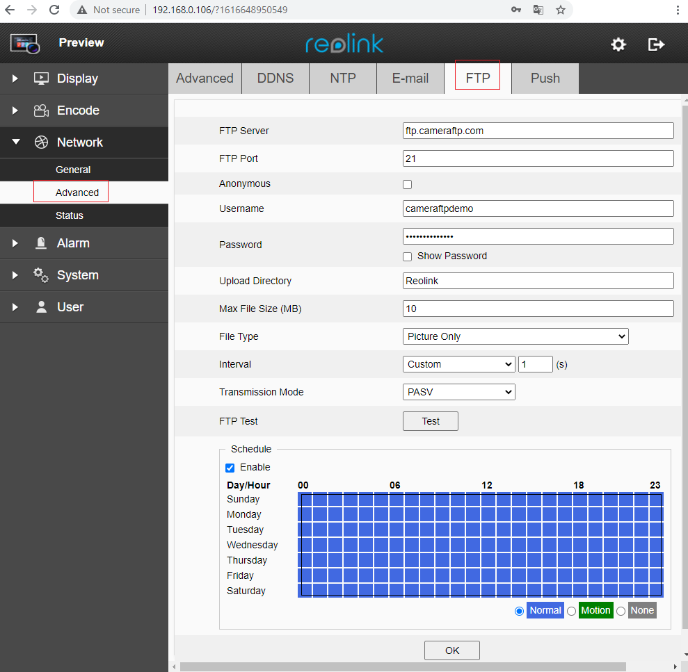 ReoLinkNetwork Advanced FTP