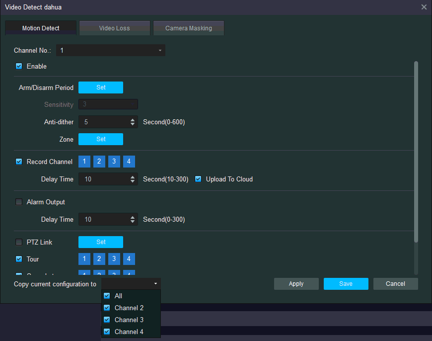 Dahua DVR SmartPSS configure video motion detection settings